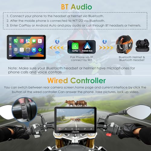 Carpuride W712D Motorcycle Carplay Screen with HD 1080 Dual Dash Cam, Wireless Car Play and Android Auto, 7" Waterproof Rotatable Navigation Touchscreen, Loop Recording, Bluetooth, Wired Controller - style: Carpuride w712d