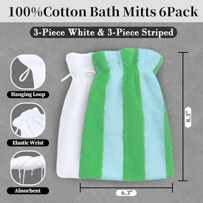 VOOVA & MOVAS 6-Pack Shower Wash Cloth, 100% Cotton Soft Absorbent Bath Mitts with Hanging Loop, 8.3x6.3 Inch European Style Bathing Gloves for Body & Spa, Green White Striped - color: Green-white Striped