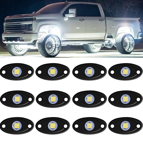 White Rock Light 12pods 6000k Pure White Led Rocks Lights kit Ip68 Waterproof 47inch Extension Wires for ATV Rv Utv SUV Offroad Pickup Trucks Golf Boat Cars Trailer Fender Underglow Lighting (White) - color: White-12pcs