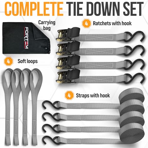 FORTEM Ratchet Straps, Tie Down Strap Set 1650lb Break Strength, 4 Pack 15ft x 1in, 4 Soft Loops, Moving Straps Tie Downs, Cargo Cam Buckles for Trucks, Carry Bag, for Men - color: Grey