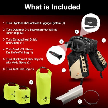 TUSK Highland X2 Rackless Luggage System w/Small Dry Duffel Tail Bag Compatible with KTM/Husky 690-701 Heat Shield Black/Tan - color: Black/Tan, size: Small Dry Duffel/Tail Bag, style: Ktm/Husky 690-701 Heat Shield