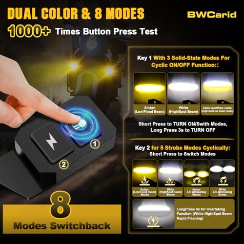 Motorcycle Auxiliary LED Lights - 8 Modes White/Amber Fog Lights Strobe Overtaking Driving Light for Night Riding,with Mount Brackets Wire Harness Kit,for R1200gs ADV,Adventure,Touring,Sport,ATV,UTV
