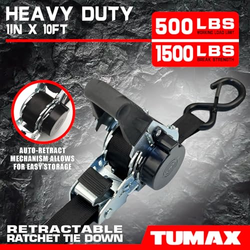 2-Pack Retractable Ratchet Tie Down Straps, 1" x 10ft with Soft Loops & S-Hooks, 1500lbs Break Strength Self-Retracting Cargo Straps for Truck, Trailer, Motorcycle, ATV, Kayak (Black) - size: 2PK- 1500lbs-Black