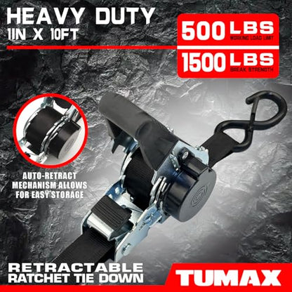 2-Pack Retractable Ratchet Tie Down Straps, 1" x 10ft with Soft Loops & S-Hooks, 1500lbs Break Strength Self-Retracting Cargo Straps for Truck, Trailer, Motorcycle, ATV, Kayak (Black) - size: 2PK- 1500lbs-Black