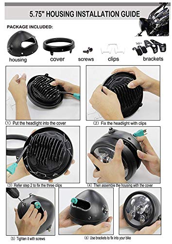 5.75 Inch Headlight Bucket Universal 5 3/4 Motorcycle Led Headlight Housing w/Mounting Brackets Fit 32-40mm Fork Tube