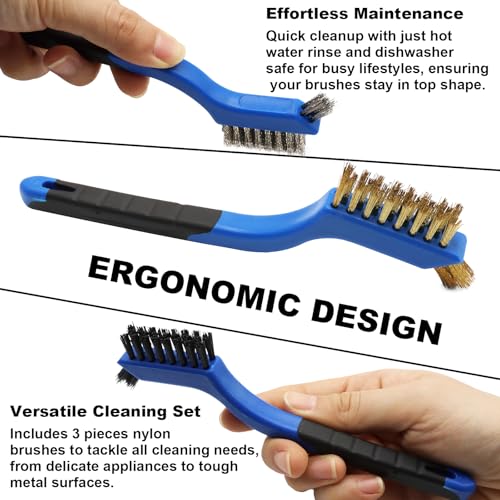 3PCS Durable Wire Brush Set,Brass Stainless Steel Nylon,Curved Handle Brush for Cleaning Rust Removal in Holes DIY Enthusiasts(Blue) - style: Blue-Nylon,Brass,Stainless Steel