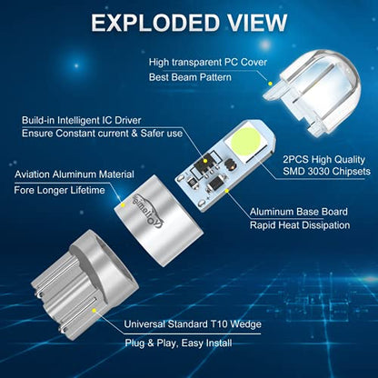 194 LED Car Bulb Ice Blue 3030 Chipset 2SMD T10 194 168 W5W LED Wedge Light Bulb 1.5W 12V License Plate Light Courtesy Step LightTrunk Lamp Clearance Lights (12pcs/pack)… - color: Ice Blue