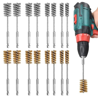 16 Pcs Bore Brush Set, 304 Stainless Steel&Brass Wire Bore Brush for Drill, Twisted Cleaning Brush with 1/4" Hex Shank,5 Inch Abrasive Wire Brush for Power Drill Cleaning,7/8,3/4,1/2,3/8''