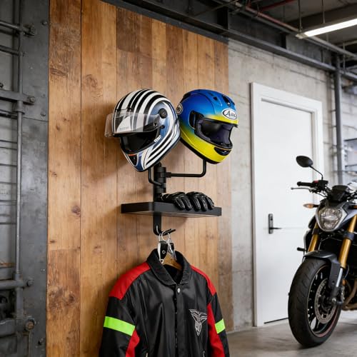Double Helmet Wall Mount with Storage Tray and Hook, Metal Helmet Stand Rack Display Dual Helmet Organizer for Motorcycle Bicycle ATV Helmet Cowboy Hat Holder Football Helmets Gifts