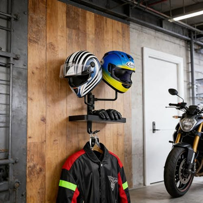 Double Helmet Wall Mount with Storage Tray and Hook, Metal Helmet Stand Rack Display Dual Helmet Organizer for Motorcycle Bicycle ATV Helmet Cowboy Hat Holder Football Helmets Gifts