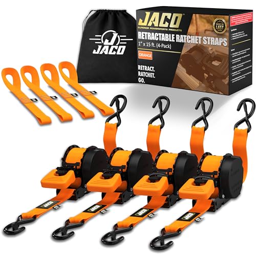 JACO Retractable Ratchet Straps - 1 in x 15 ft (4-Pack) (1,760lbs Break Strength) | Auto Self Retracting Cargo Tie Down Strap Set (Orange) - color: Orange, size: 4-Pack
