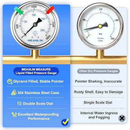 MEANLIN MEASURE 0~3000Psi Liquid Filled Pressure Gauge 1/4" NPT 2.5" FACE DIAL Stainless Steel Glycerin Filled WOG Water Oil Air Back Mount (with 2PCS Snaps) - size: 0-3000Psi