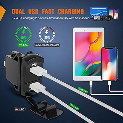 Nilight Rocker Switch Style Dual USB Outlet LED Voltmeter Quick Connector 12V Car Replacement with Inline Fuse for Boats RVs Trucks Cars - color: Dual USB Voltmeter Blue