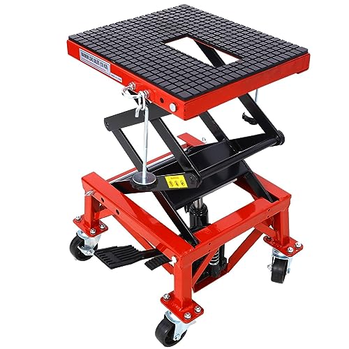 300 Lbs Heavy Duty Hydraulic Motorcycle Scissor Lift Jack with 4 Wheels for Small Dirt Bikes, Motorcycle Lift Table with Foot Pad, Red - color: Red