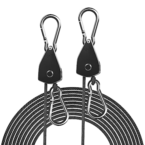 2-Pack 1/8” Adjustable Rope Hanger, Heavy Duty Ratchet Tie Down Strap with Reinforced Metal Gear, Ratcheting Pulley System Bungee Cord for Hanging Plants Grow Light and Various Tie-Down Uses - size: 2-Pack 1/8"