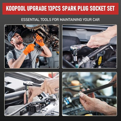 13pc 3/8" Spark Plug Socket Set with Installation Tube, 3/8" Drive Ratchet Wrench,3 Extension Bars(3",6",10")，Spark Plug Socket Sets, Gap Tool, U Joint,1/2" to 3/8" Adapter (13pcs) - style: Standard Set