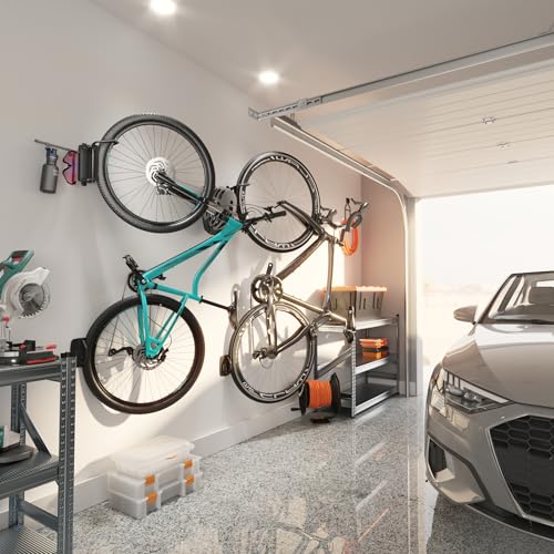 monTEK Swivel Bike Wall Mount, Bike Hangers for Garage, Bike Wall Mount with Two Extra Storage Hooks, Bike Hanger Wall Mount for Space Saving, Bike Rack Garage Holds Up to 77 lbs - style: 1-Pack with 2 Storage Hooks