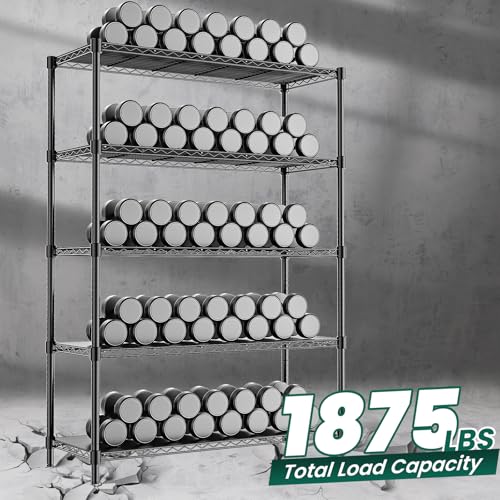 48" W Garage Shelving 1875LBS Heavy Duty Wire Shelving Unit, Metal 5-Tier Adjustable Steel Storage Rack with Liners, Storage Tote Rack, 48" W x 18" D x 72" H for Garage Commercial, Black - size: 48" W x 18" D x 72" H-5 Tier