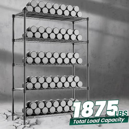 48" W Garage Shelving 1875LBS Heavy Duty Wire Shelving Unit, Metal 5-Tier Adjustable Steel Storage Rack with Liners, Storage Tote Rack, 48" W x 18" D x 72" H for Garage Commercial, Black - size: 48" W x 18" D x 72" H-5 Tier