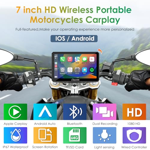 Carpuride W712D Motorcycle Carplay Screen with HD 1080 Dual Dash Cam, Wireless Car Play and Android Auto, 7" Waterproof Rotatable Navigation Touchscreen, Loop Recording, Bluetooth, Wired Controller - style: Carpuride w712d