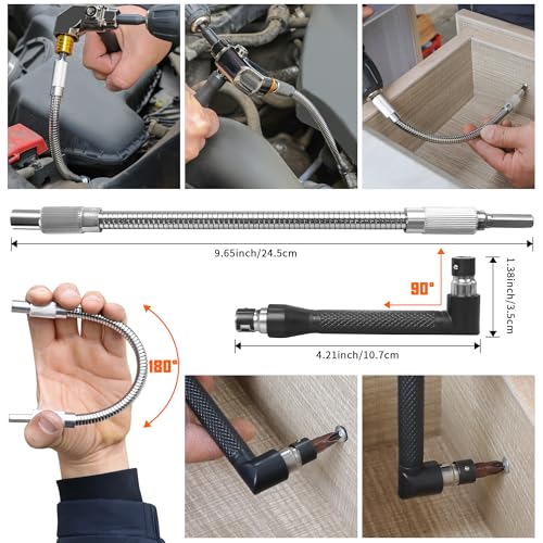 39-Piece Flexible Drill Bit Extension Set with 105° Right Angle Adapter, Metric Sockets, Magnetic Bit Holders, Storage Case