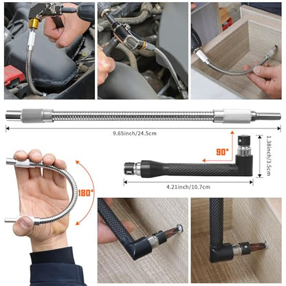 39-Piece Flexible Drill Bit Extension Set with 105° Right Angle Adapter, Metric Sockets, Magnetic Bit Holders, Storage Case