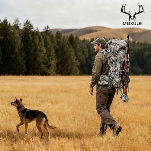 MOXULE Pro 5000 Camo Frame Backpack - Meat Hauler Pack with Rain Cover for Outdoor - color: Camo 80l