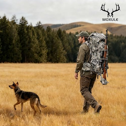 MOXULE Pro 5000 Camo Frame Backpack - Meat Hauler Pack with Rain Cover for Outdoor - color: Camo 80l