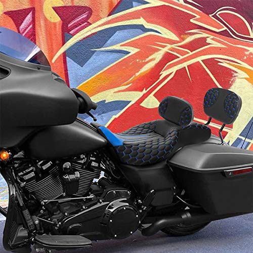 C.C. RIDER Classic Motorcycle Touring Seat Set- Passenger Backrest PAD Rider Sissy Bar for Harley Davidson Touring Road King Street Glide Road Glide Electra Glide CVO 2009-2023 - color: Black Blue Rider Seat + Backrest