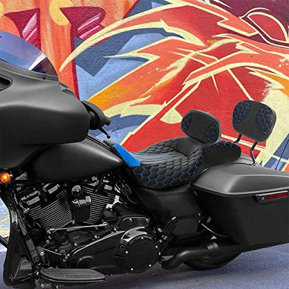 C.C. RIDER Classic Motorcycle Touring Seat Set- Passenger Backrest PAD Rider Sissy Bar for Harley Davidson Touring Road King Street Glide Road Glide Electra Glide CVO 2009-2023 - color: Black Blue Rider Seat + Backrest