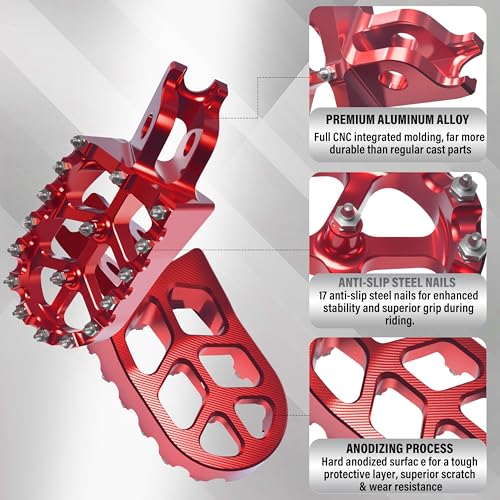 Dirt Bike Foot Pegs,Replaceable Footpegs CNC Machined Aluminum Wide Platform with Springs for CRF150R CRF250R CRF450R CRF250X CRF450X CRF300L CRF250L CR125 CR250 CRF1000L (Red) - color: Red