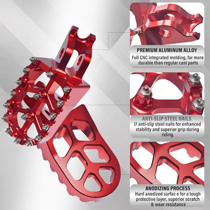 Dirt Bike Foot Pegs,Replaceable Footpegs CNC Machined Aluminum Wide Platform with Springs for CRF150R CRF250R CRF450R CRF250X CRF450X CRF300L CRF250L CR125 CR250 CRF1000L (Red) - color: Red