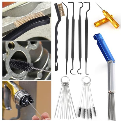 lasuroa Carburetor Cleaning Kit, Includes 1 Single Head Brush 23 Needles 5 Nylon Brushes 1 Scraper and 4 Cleaning Hooks for Motorcycle ATV Chainsaw & Welder