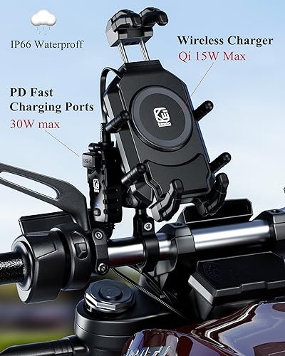 BRCOVAN Motorcycle Phone Mount with Qi Wireless & USB-C Charger | Qi 15W & PD 30W, Anti-Theft Handlebar Cellphone Holder with Vibration Dampener, Adjustable for 5.4-7.2'' Smartphone