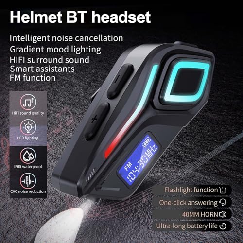Docooler Motorcycle Headset BT5.4, Motorcycle Headset Communication System with LED Light, FM Radio, Voice Assistant, 40H Playtime, IP65 for Full or Half Helmet Off Road Helmets