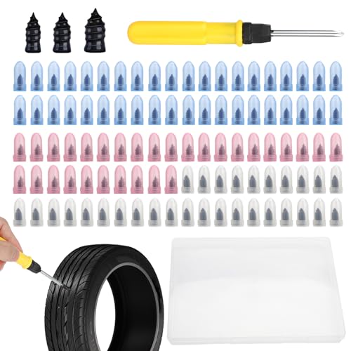 Linkstyle 100PCS Tire Repair Kit, Screw in Tire Plugs with 3 Sizes Rubber Nails, Screwdriver, Self-Service Flat Tire Screw Plugs for Car Truck Motorcycle SUV