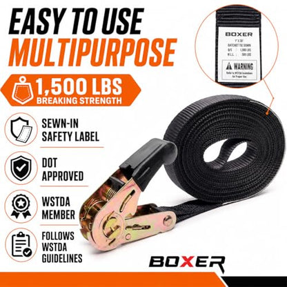 BoxerTool BXR Black Strap Down Ratcheting Securing Straps 1" x20' Track Spring Fittings, Tie-Down Motorcycles, Trailer Loads, Kayak, Rubber Handle Ratcheting Strap - size: 1"x20' - 2pcs
