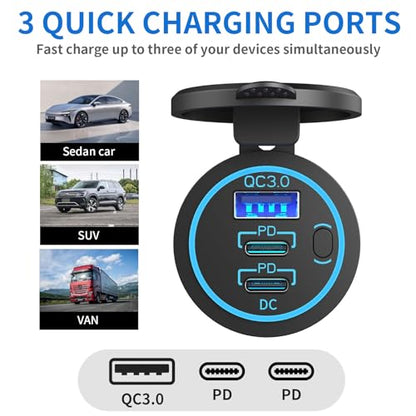 USB C Car Charger Socket 12V USB Outlet, 78W Dual 30W PD and 18W QC3.0 Multi Port Cylinder Charger with Button Switch Waterproof for Car Boat RV Marine Golf Cart Truck Bus Motorcycle etc. - color: 1 pack