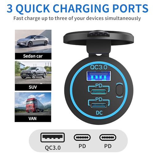 2 Pack USB C Car Charger Socket 12V USB Outlet, 78W Dual 30W PD and 18W QC3.0 Multi Port Cylinder Charger with Button Switch Waterproof for Car Boat RV Marine Golf Cart Truck Bus Motor etc. - color: 2 pack