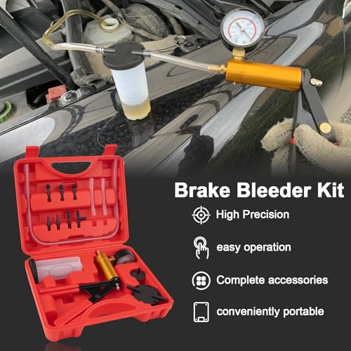Brake Bleeder Vacuum Pump Kit – Hand Vacuum Pump with Gauge Adapters, Automotive Brake Fluid Bleeder Kit for Car, Motorcycle, and Truck in Compact Red Case