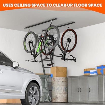 Ultrawall Ceiling Bike Rack for Garage, Indoor Bike Hanger with 6 Adjustable Bike Hooks for up to 3 Bikes (Horizontally), 6 Bikes (Vertically) - style: Fixed Bracket