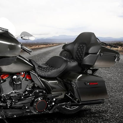CC RIDER Gel Seat Driver Passenger Seat and King/Chopped Tour Trunk Backrest Fit For Harley Touring 2014-2023 Street Glide Road Glide Road King Electra Glide,Black Hexagon - color: 23# Gel Black+ 1 Backrest