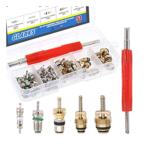 Glarks 51Pcs Car Air Conditioner Valve Core Schrader Valve Cores Accessories A/C R12 R134a Refrigeration Tire Valve Stem with Double Head Dual Dismantling Remover Installer Tool Assortment Kit - size: 51Pcs