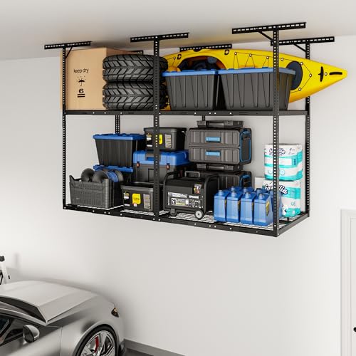 FLEXIMOUNTS 3x8ft 2-Tier Garage Ceiling Storage Rack, Adjustable Overhead Garage Storage System, Heavy Duty Metal Shelving, 1000 lbs Capacity, Ideal for 9–15ft High Ceilings, Black - color: Black, size: 2-Tier 3x8 ft