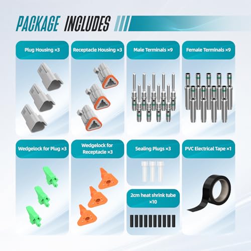 3 Pin DT Connector Kit Gray Waterproof Deutsch Automotive Connectors Kit with Solid Terminals and Sealing Plugs for Car Truck Motorcycle Marine Wiring 14–20 AWG，3 Sets - size: 3 Pin 3 Sets