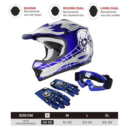 SLMOTO DOT Youth & Kids Motocross Offroad Street Helmet Blue Skull Motorcycle Youth Helmet Dirt Bike Motocross ATV Helmet+Goggles+Gloves Small - color: Blue Skull, size: Small
