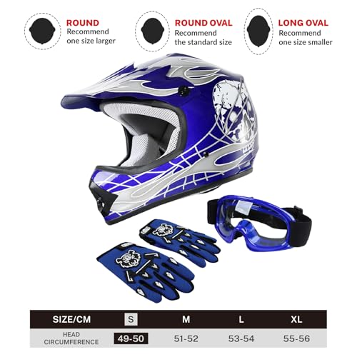 SLMOTO Dot Youth Kids Helmet Motocross Offroad Street Helmet Motorcycle Helmet Dirt Bike Motocross ATV Blue Skull Design HelmetGogglesGloves Small, Blue 2