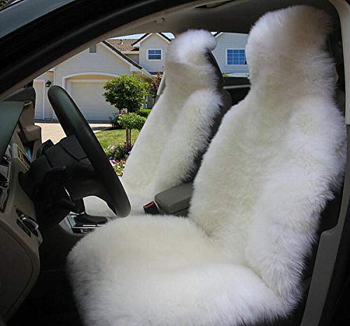 Winter Warm Authentic Australia Sheepskin Car Seat Cover Luxury Long Wool Front Seat Cover Fits Most Car, Truck, SUV, or Van (White) - color: White