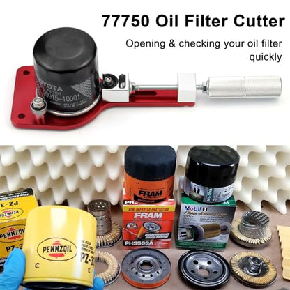 77750 Oil Filter Cutter 2-3/8''-5'' Cutting Range Oil Filter Cutting Tool with a Spare Cutting Blade Can Opener for Car Airplane Lawnmower Motorcycle Filter Use, Aluminum Alloy, Red