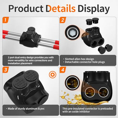 Joinfworld 2 Port Insulated Wire Connector 1/0-14 AWG Aluminum to Copper Wire Connectors Dual Entry Insulated Multi Tap Connector with Slotted Allen Hex - 6Pack - size: 1/0-14 AWG